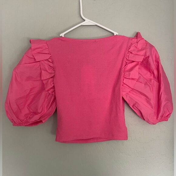 NWT ZARA PUFF sleeves RIBBED CROPPED Top PINK Size M - Picture 4 of 6